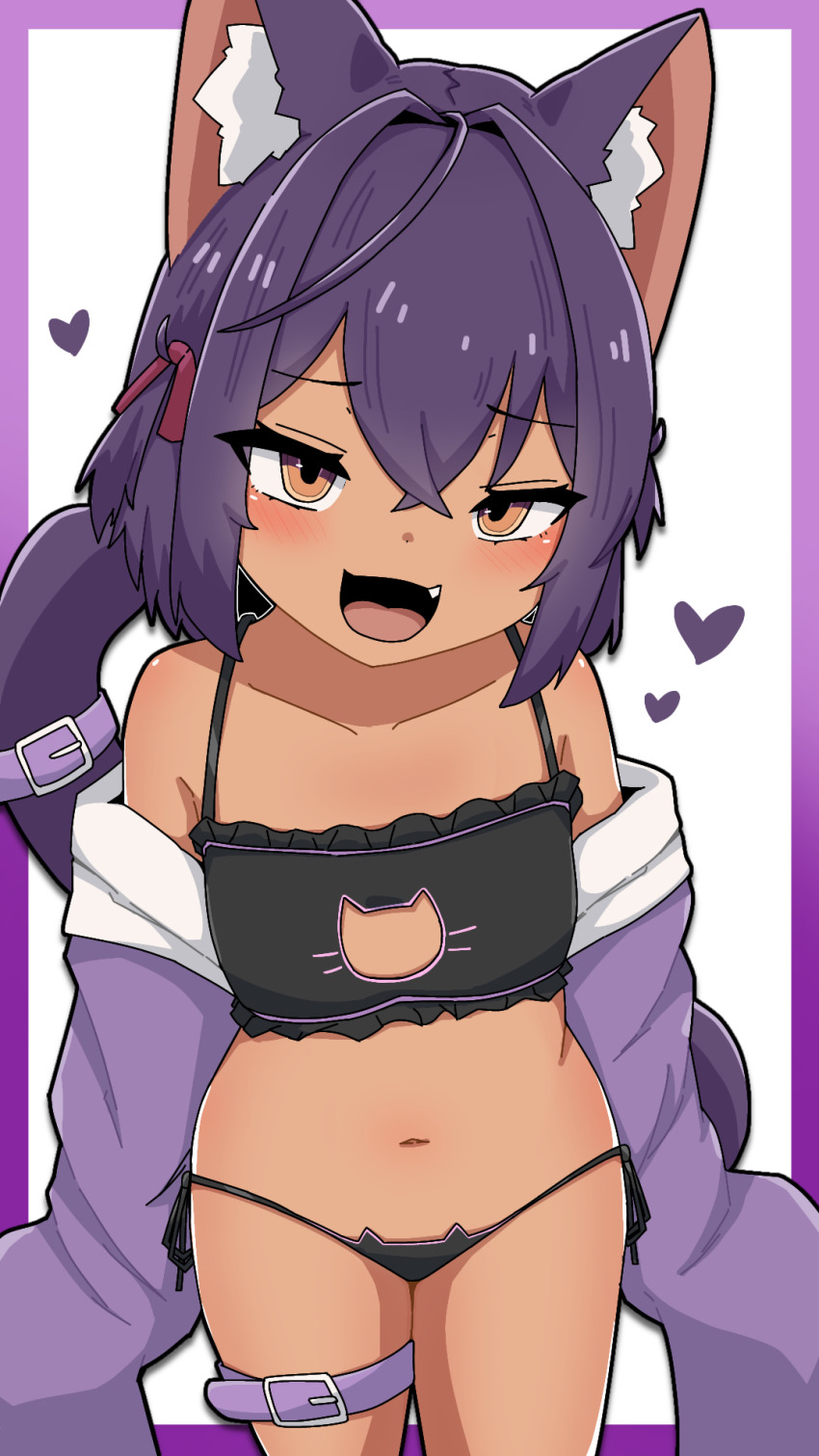 :d, animal_ears, belt, black_bra, black_panties, bra, cat_cutout, cat_ear_panties, cat_ears, cat_girl, cat_lingerie, cat_tail, chocolat_(vrchat), clothing_cutout, dark-skinned_female, dark_skin, fang, heart, highres, inari_jinja, looking_at_viewer, mesugaki, open_mouth, panties, purple_hair, raised_inner_eyebrows, short_hair, sleeves_past_fingers, sleeves_past_wrists, smile, string_panties, tail, thigh_belt, thigh_strap, underwear, vrchat