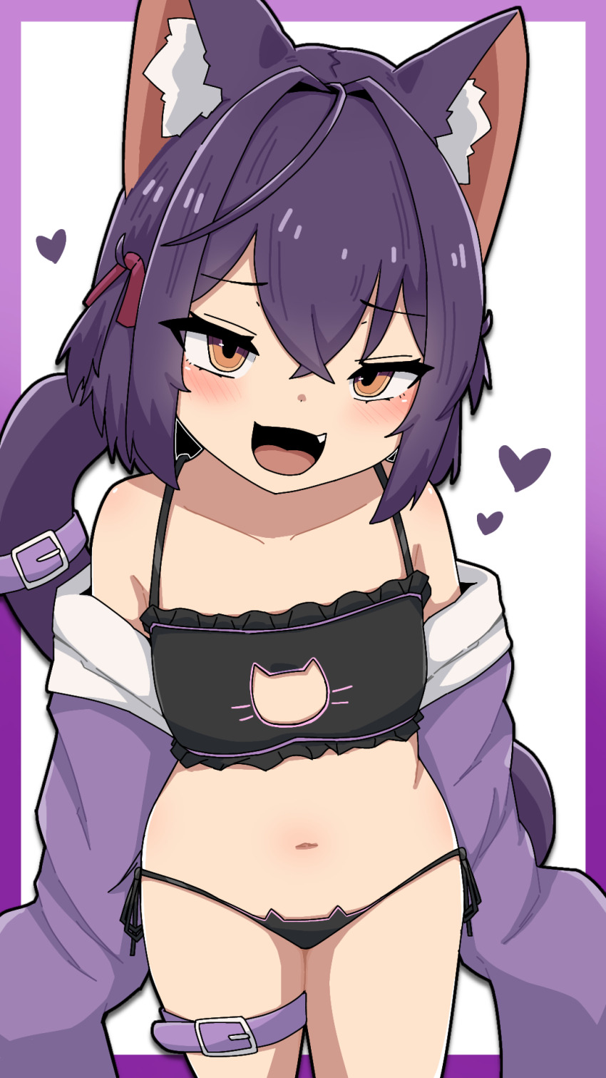 :d, animal_ears, belt, black_bra, black_panties, bra, cat_cutout, cat_ear_panties, cat_ears, cat_girl, cat_lingerie, cat_tail, chocolat_(vrchat), clothing_cutout, fang, heart, highres, inari_jinja, looking_at_viewer, mesugaki, open_mouth, panties, purple_hair, raised_inner_eyebrows, short_hair, sleeves_past_fingers, sleeves_past_wrists, smile, string_panties, tail, thigh_belt, thigh_strap, underwear, vrchat