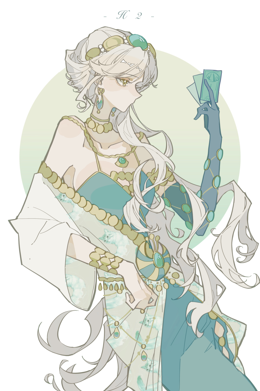 1girl, absurdres, bare_shoulders, between_fingers, bracelet, breasts, card, cleavage