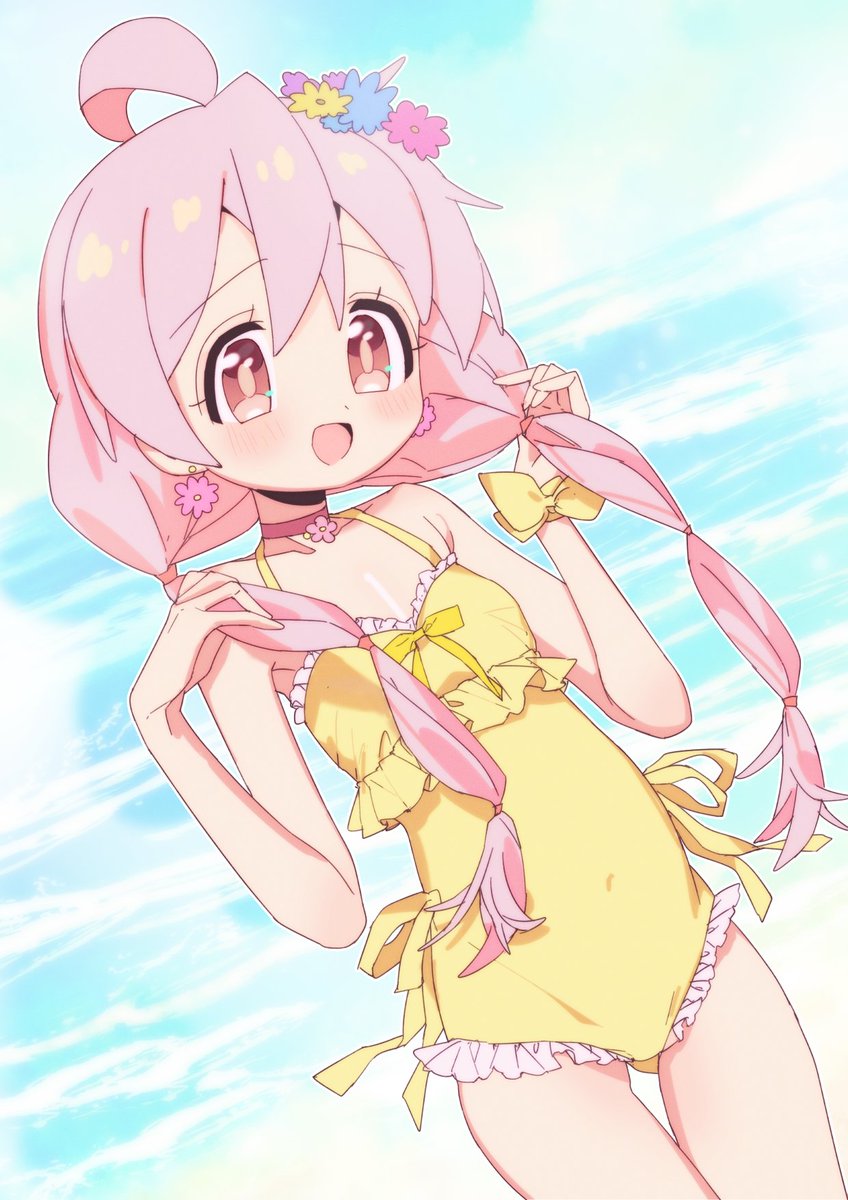 1girl, :d, ahoge, bare_arms, bare_legs, bare_shoulders, blush, breasts