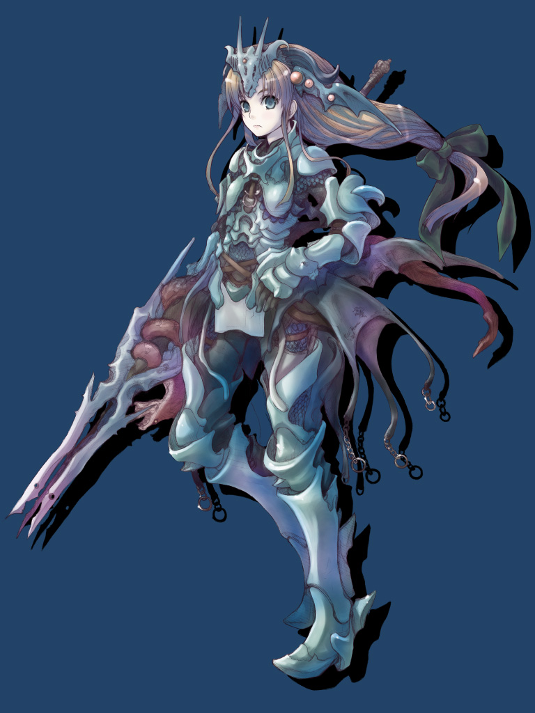 1cm, 1girl, armor, blonde_hair, blue_background, boots, bow, chainmail, dragon_master, dragon_master_(seiken_densetsu_3), female_focus, gloves, hair_bow, hair_ribbon, head_wings, helmet, long_hair, low-tied_long_hair, polearm, ribbon, riesz, seiken_densetsu, seiken_densetsu_3, solo, weapon, winged_helmet, wings