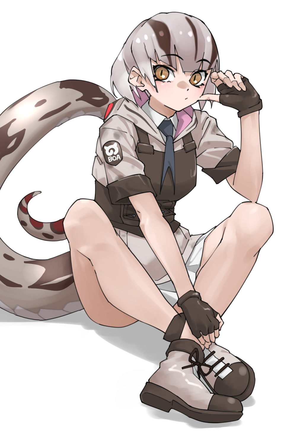 1girl, bare_arms, bare_legs, black_gloves, black_necktie, boa_constrictor_(kemono_friends), boots, brown_eyes