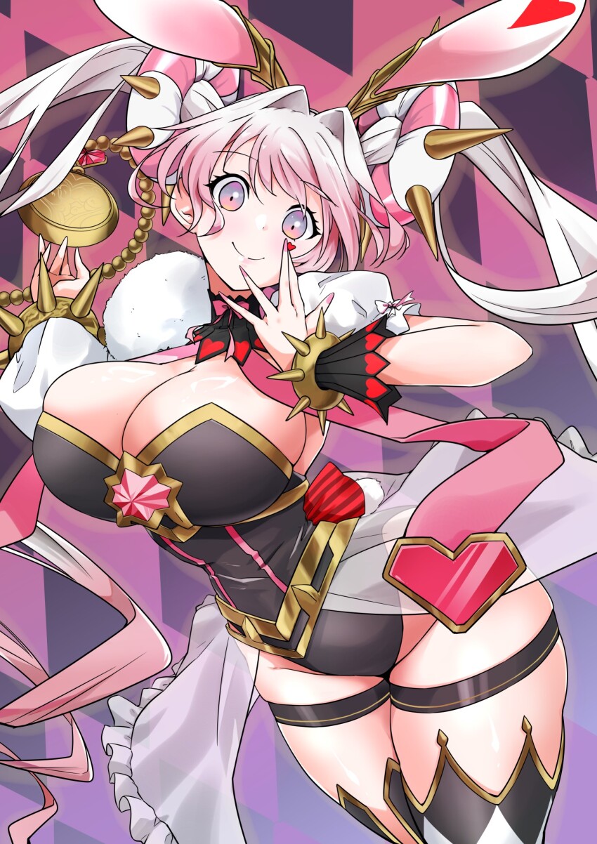 1girl, animal_ears, black_leotard, breasts, cleavage, cowboy_shot, donut_hair_bun, double_bun