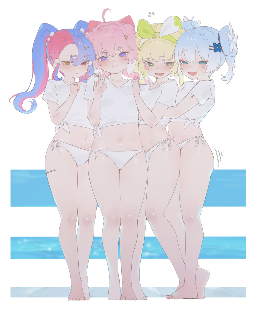 4girls, absurdres, ahoge, ass, bare_legs, barefoot, bikini, blonde_hair, blue_eyes, blue_hair, blush, breasts, child, closed_mouth, commentary, cropped_shirt, encore_(wuthering_waves), facing_viewer, fang, feet, flat_chest, flower, frown, green_eyes, hair_between_eyes, hair_flower, hair_ornament, hair_ribbon, hairpin, half-closed_eyes, heterochromia, highres, hug, hug_from_behind, loli, long_hair, looking_at_viewer, low_twintails, multicolored_hair, multiple_girls, navel, open_mouth, pink_hair, pink_pupils, purple_eyes, revealing_clothes, ribbon, roccia_(wuthering_waves), shiny_skin, shirt, short_hair, short_sleeves, shy, side-tie_bikini_bottom, skin_fang, small_breasts, smile, smirk, smug, standing, swimsuit, thighs, tied_shirt, toes, twintails, v, verina_(wuthering_waves), wavy_mouth, white_shirt, wuthering_waves, xaea_xp, yellow_eyes, yellow_pupils, youhu_(wuthering_waves)