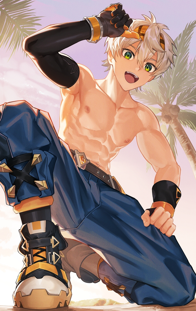 1boy, abs, armpits, bandana, bennett_(adventures_in_blazing_hue)_(genshin_impact), bennett_(genshin_impact), biceps, blue_shirt