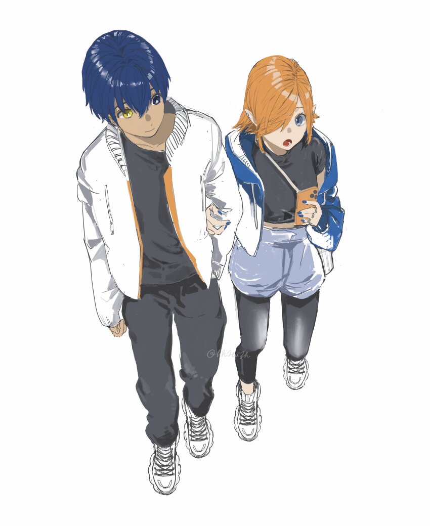 1boy, 1girl, :o, absurdres, alternate_costume, black_pants, black_pantyhose, black_shirt