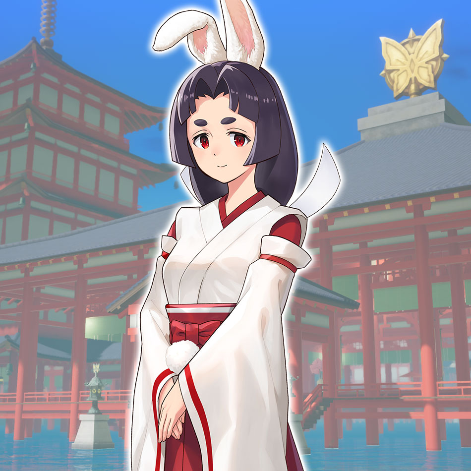 1girl, animal_ears, black_hair, cowboy_shot, hair_intakes, hakama, hands_on_own_stomach, hikimayu, holding_own_hand, japanese_clothes, kimono, long_hair, looking_at_viewer, low-tied_long_hair, miko, non-web_source, official_art, rabbit_ears, red_eyes, red_hakama, rin_(rune_factory), rune_factory, rune_factory:_guardians_of_azuma, shrine, stone_lantern, water, wide_sleeves