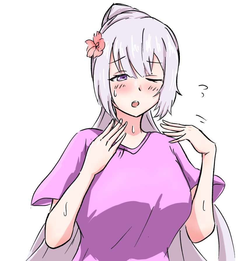 1girl, alternate_hairstyle, assault_lily, blush, breasts, commentary_request, fanning_self, flower