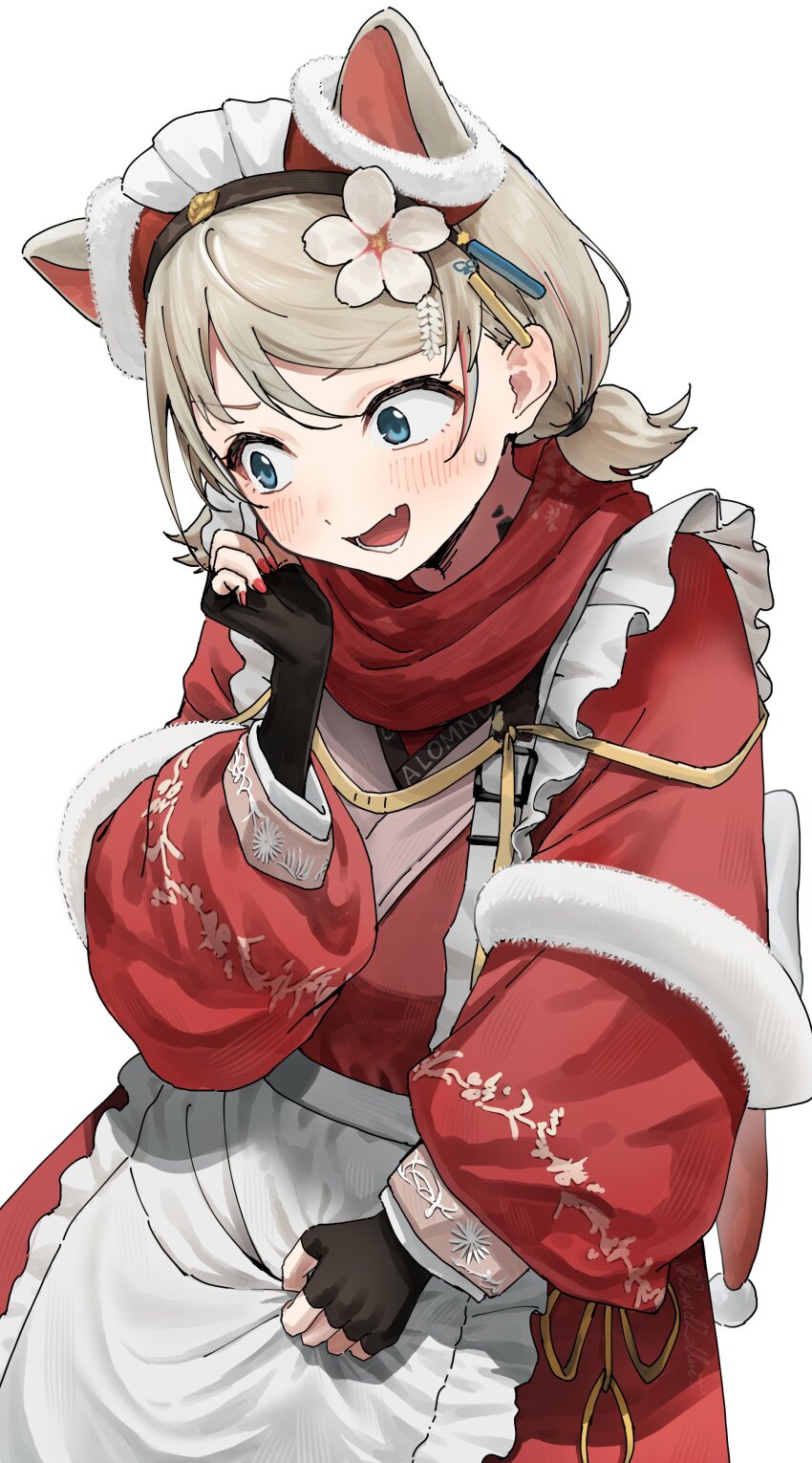 1girl, absurdres, almond_(almond_platter)_(arknights), almond_(arknights), animal_ears, apron, apron_grab, arknights, black_gloves, blue_eyes, blush, brown_hair, clothes_grab, constricted_pupils, dress, ear_covers, extra_ears, fang, fingerless_gloves, flower, frilled_apron, frills, fur-trimmed_headwear, fur-trimmed_sleeves, fur_trim, gloves, hair_flower, hair_ornament, hand_on_own_cheek, hand_on_own_face, highres, landl, layered_sleeves, long_sleeves, looking_to_the_side, multicolored_hair, official_alternate_costume, open_mouth, puffy_sleeves, red_dress, red_hair, red_nails, red_scarf, scarf, short_hair, short_twintails, skin_fang, solo, streaked_hair, sweatdrop, twintails, v-shaped_eyebrows, waist_apron, white_apron, white_flower, white_headdress