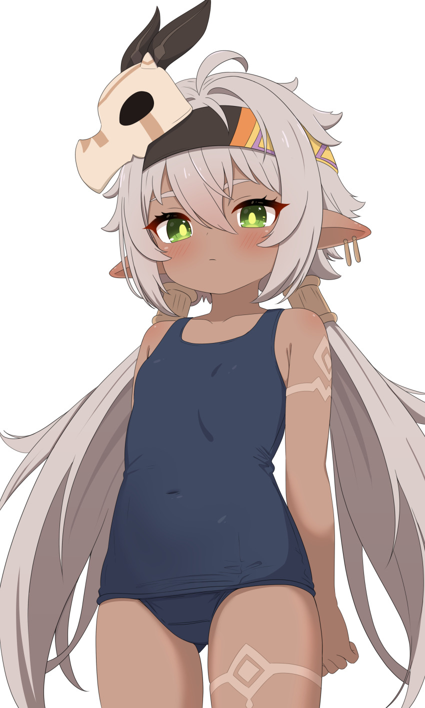 1girl, absurdres, blue_one-piece_swimsuit, breasts, commentary, dark-skinned_female, dark_skin, genshin_impact, green_eyes, grey_hair, highres, iansan_(genshin_impact), long_hair, one-piece_swimsuit, pointy_ears, risa_rierisa, school_swimsuit, simple_background, small_breasts, solo, swimsuit, untranslatable_commentary, twintails, white_background