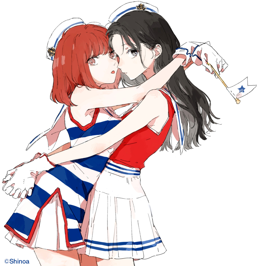 2girls, artist_name, black_hair, flag, gloves, hat, highres, holding, holding_flag, hug, kakmxxxny06, kono_koi_wo_hoshi_ni_wa_negawanai, kousaka_fuyuki, miniskirt, multiple_girls, red_hair, second-party_source, shirai_eri, simple_background, skirt, tongue