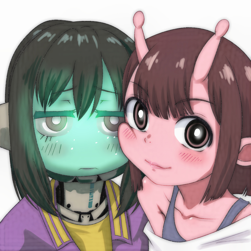 2girls, alien, android, antennae, blush, bra, bra_strap, brown_eyes