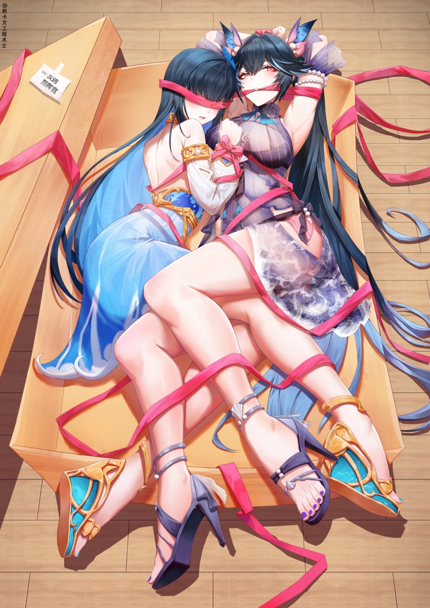 2girls, absurdres, arms_up, back, bare_legs, bare_shoulders, black_hair, blue_dress, blue_hair, blush, bound, bound_wrists, box, breasts, chinese_commentary, clothing_cutout, colored_inner_hair, commentary_request, detached_sleeves, dress, gagged, high_heel_sandals, high_heels, highres, hip_vent, large_breasts, legs, long_hair, looking_at_viewer, lucia:_pyroath_(pgr), lucia:_pyroath_(rippling_luminescence)_(pgr), lucia_(pgr), median_furrow, multicolored_hair, multiple_girls, nail_polish, official_alternate_costume, open_mouth, punishing:_gray_raven, purple_dress, purple_nails, red_eyes, red_ribbon, ribbon, sandals, selena:_pianissimo_(pgr), selena_(pgr), shoulder_blades, skaven_gongcheng_shushi, streaked_hair, thighs, toenail_polish, toenails, toes, very_long_hair, white_sleeves