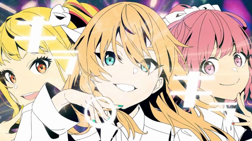 3girls, aqua_eyes, aqua_nails, artist_request, blonde_hair, bow, braid, close-up