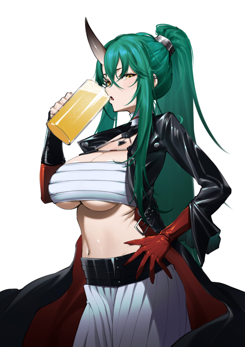 1girl, absurdres, alcohol, arknights, beer, beer_mug, black_coat, breasts