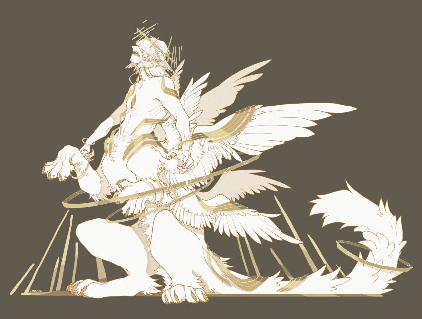1boy, angel, angel_wings, colored_skin, facing_to_the_side, feathered_wings, full_body, grey_background