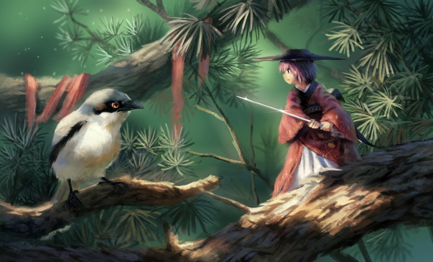 1girl, back_bow, beak, bird, black_bow, black_eyes, black_sash, bow