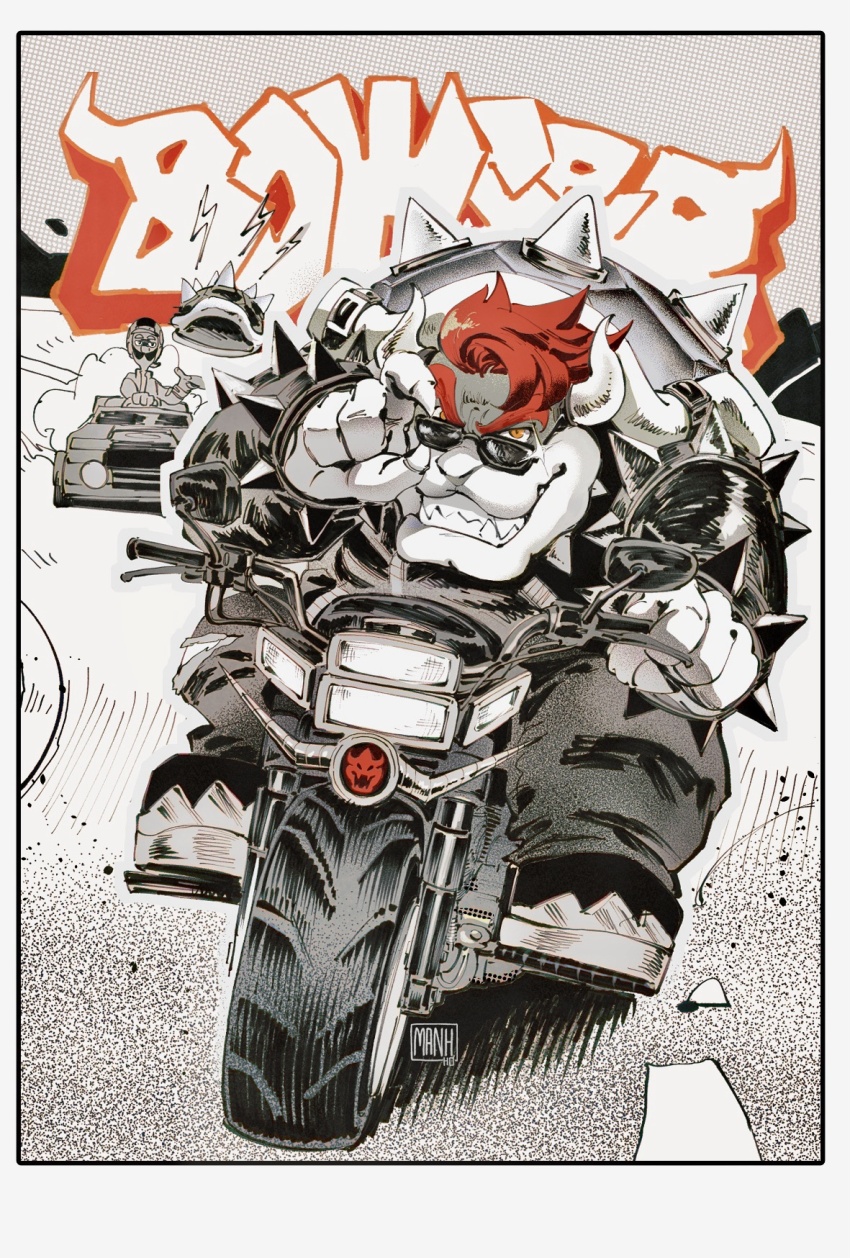 2boys, armlet, black_jacket, black_pants, bowser, bowser_(biker), bracelet, character_name