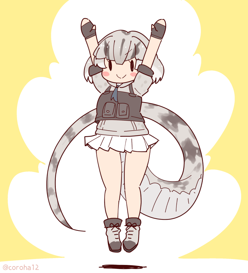1girl, arms_up, boa_constrictor_(kemono_friends), coroha, fingerless_gloves, full_body, gloves, grey_hair
