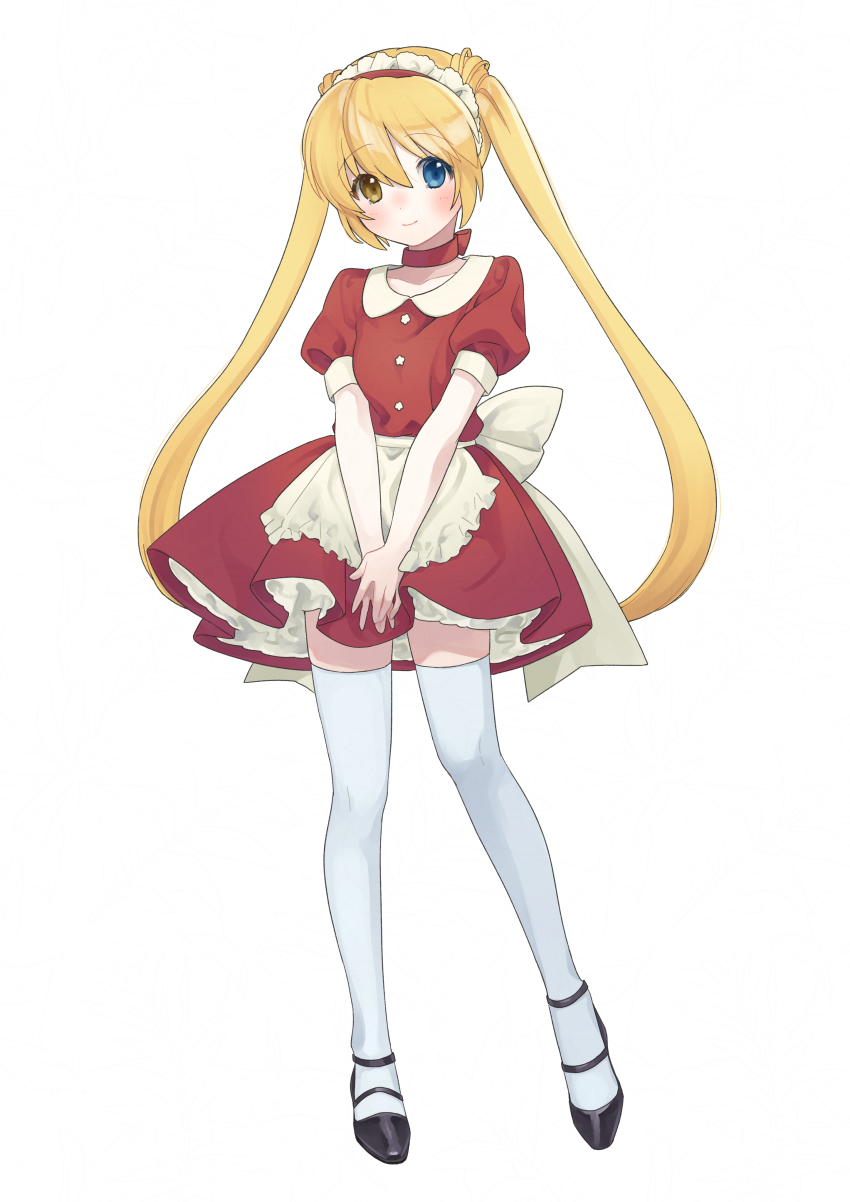 1girl, absurdres, alternate_costume, apron, back_bow, black_shoes, blonde_hair, blue_eyes