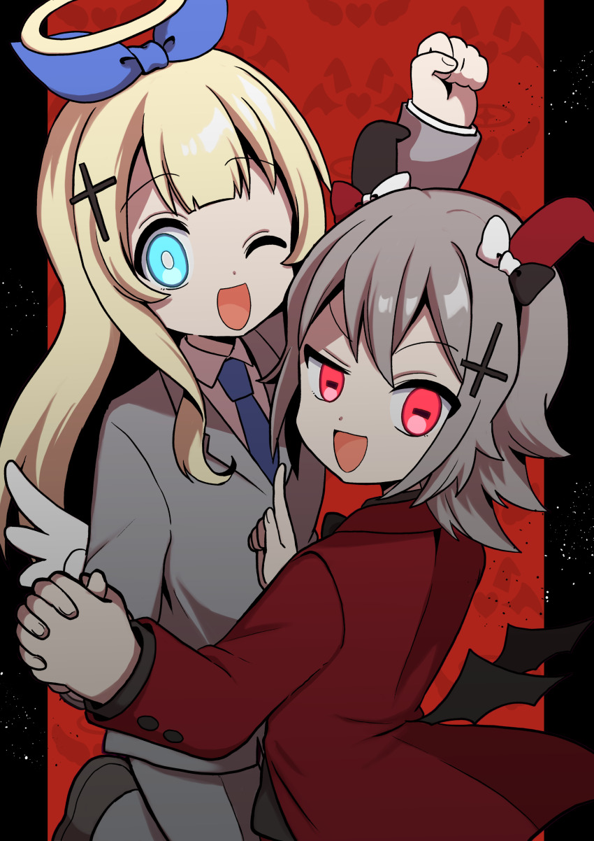 2girls, :d, absurdres, akuma_(tententengokujigokugoku), angel, angel_and_devil, angel_wings, belt, black_bow, black_bowtie, black_horns, black_shoes, blonde_hair, blue_bow, blue_bowtie, blue_eyes, bow, bowtie, bright_pupils, buttons, collared_suit, commentary, cross, cross_hair_ornament, demon_girl, demon_horns, demon_wings, formal_clothes, grey_hair, grey_pants, grey_suit, hair_bow, hair_ornament, halo, highres, horizontal_pupils, horns, inverted_cross, lapels, long_hair, mini_wings, multiple_girls, open_mouth, pants, pina710, red_background, red_eyes, red_horns, red_suit, shirt, shoes, smile, suit, tenshi_(tententengokujigokugoku), tententengokujigokugoku_(aiobahn), traditional_halo, two-tone_background, two-tone_bow, two-tone_bowtie, white_shirt, wings