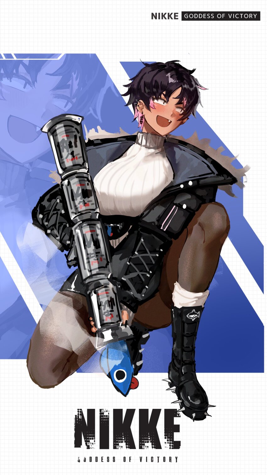 1girl, :d, absurdres, animal_print, beer_can, black_boots, black_hair, black_jacket