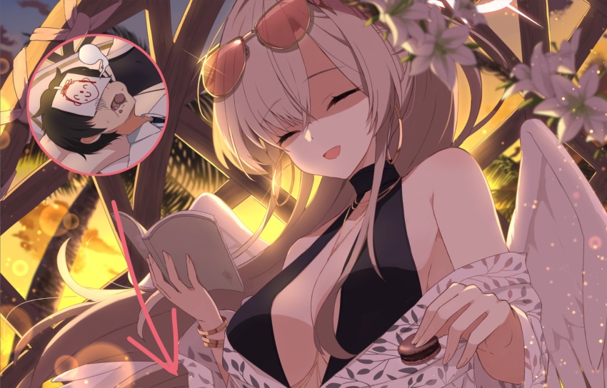 1boy, 1girl, angel_wings, black_one-piece_swimsuit, blonde_hair, blue_archive, book, breasts