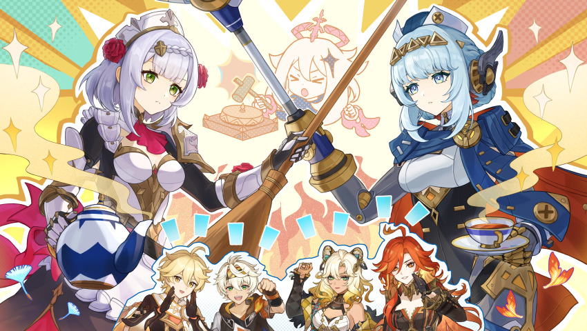 2boys, 4girls, absurdres, aether_(genshin_impact), android, animal_ears, armor, bennett_(adventures_in_blazing_hue)_(genshin_impact)