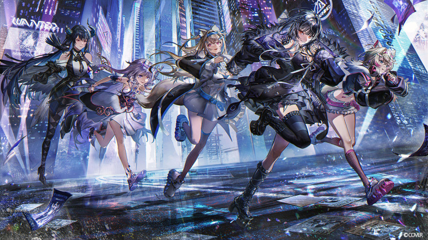 5girls, animal_collar, animal_ears, argyle_clothes, argyle_pantyhose, arm_warmers, asymmetrical_horns, bandaid