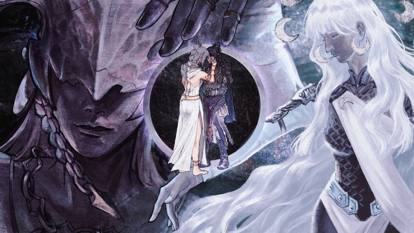 4girls, absurdres, back_cutout, baldur's_gate, baldur's_gate_3, black_hair, black_nails, black_skin