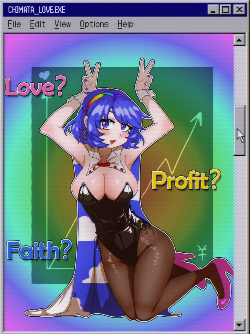 1girl, absurdres, blue_eyes, breasts, cape, cleavage, double_v, english_text