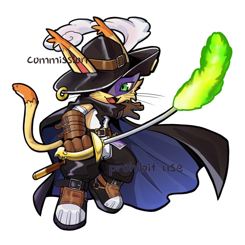black_cape, black_hat, black_pants, boots, brown_gloves, cape, cat, commission