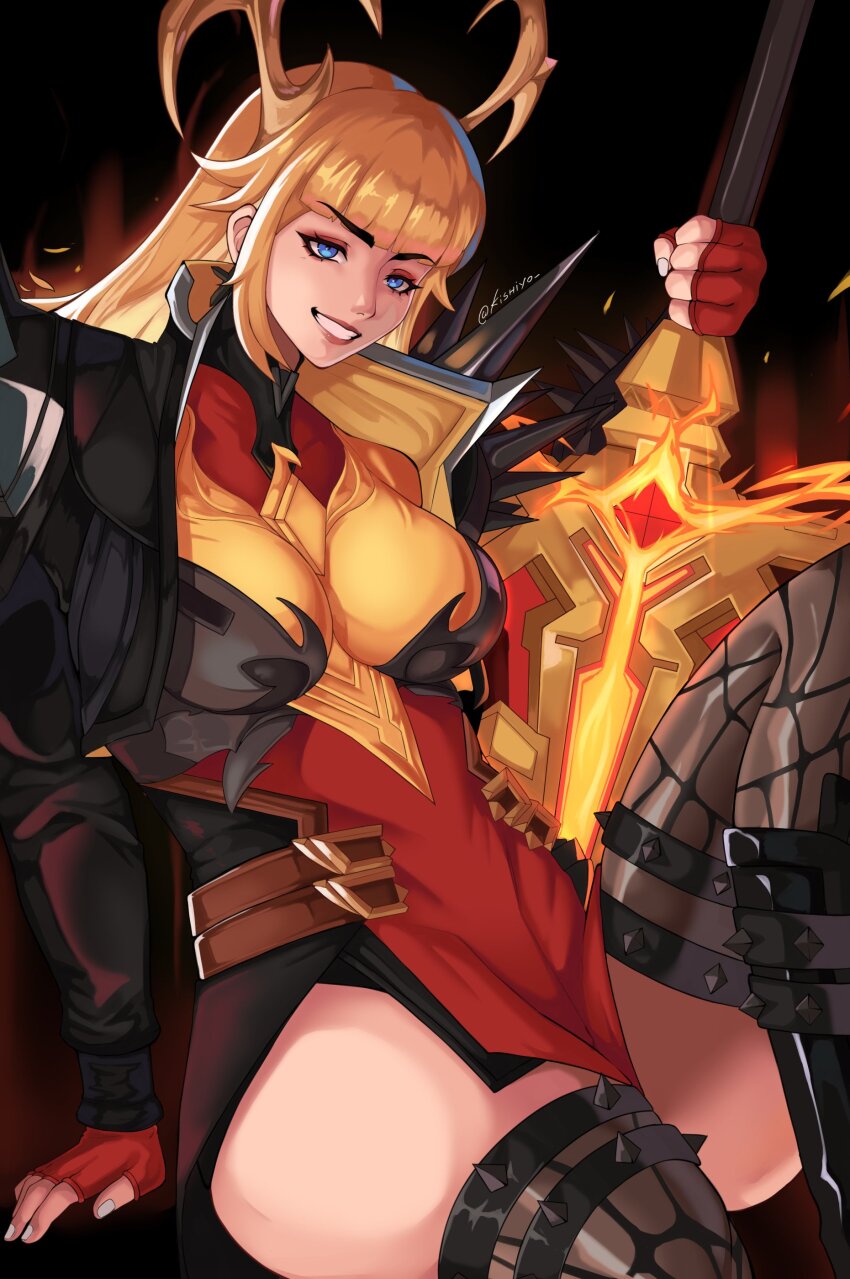 1girl, absurdres, blonde_hair, blue_eyes, breasts, cleavage, gloves, highres