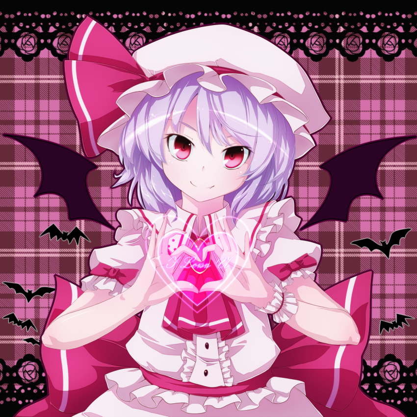 1girl, four-finger_heart_hands, ascot, bat_(animal), bat_wings, blue_hair, brooch, dress