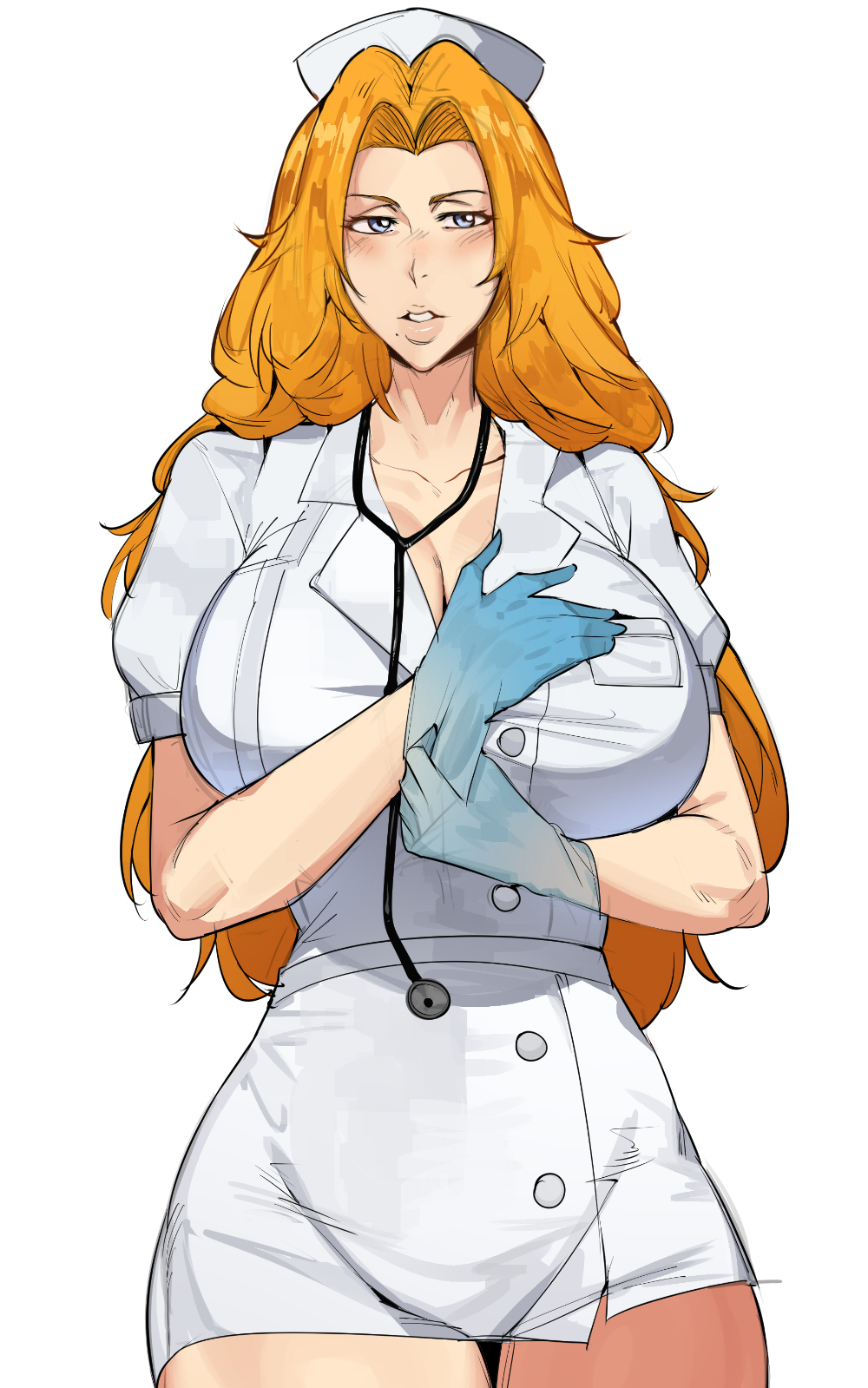 1girl, alternate_hair_color, bleach, blue_eyes, breasts, collarbone, curvy, dr_octojuice, female_focus, gloves, hat, highres, large_breasts, lips, long_hair, matsumoto_rangiku, mole, mole_under_mouth, nurse, nurse_cap, orange_hair, parted_bangs, simple_background, stethoscope, stethoscope_around_neck, white_background, wide_hips