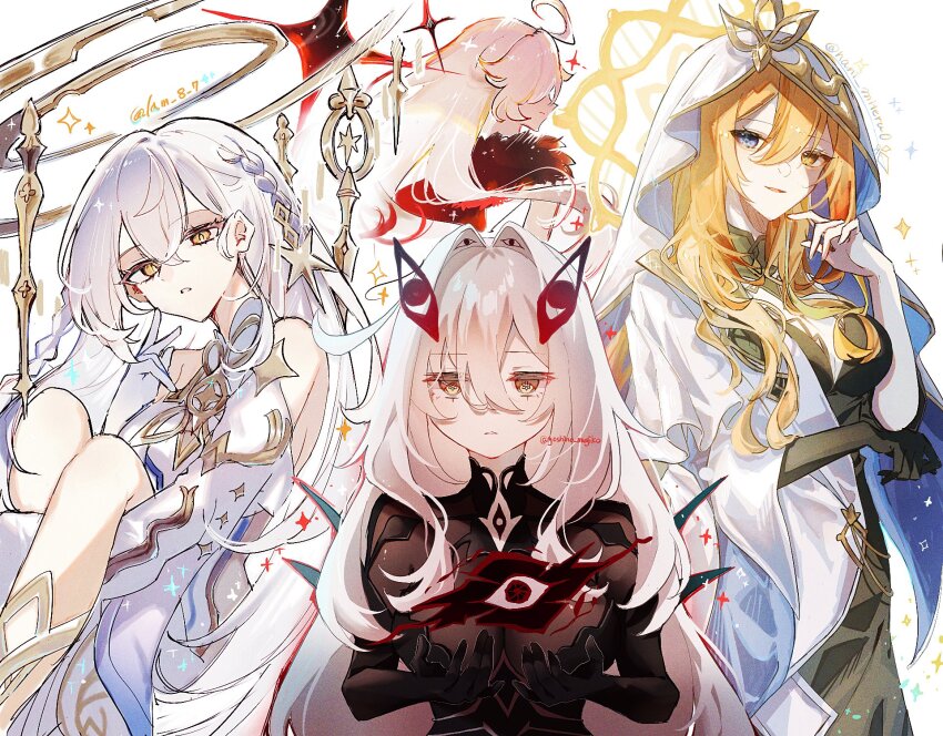 4girls, ahoge, artist_collaboration, artist_name, asmoday_(genshin_impact), bare_shoulders, black_dress, blonde_hair