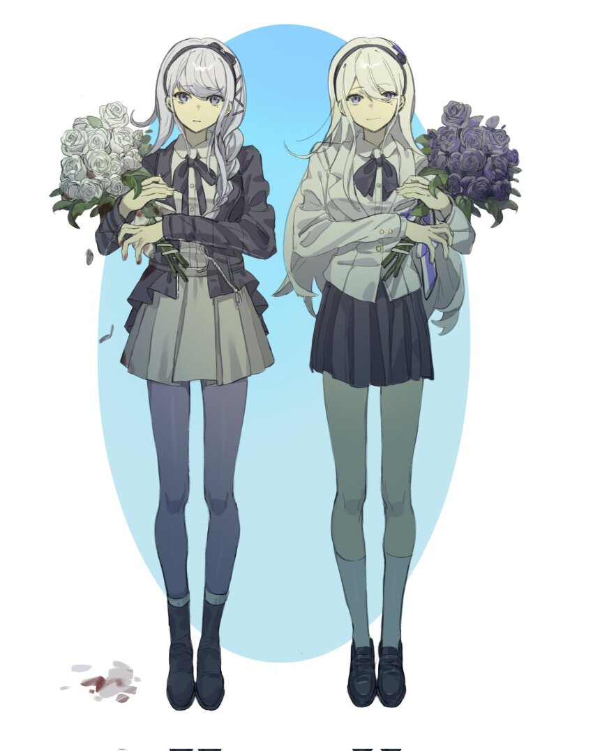 2girls, black_hairband, black_jacket, black_ribbon, black_skirt, blood, blood_on_flower, blood_on_hands