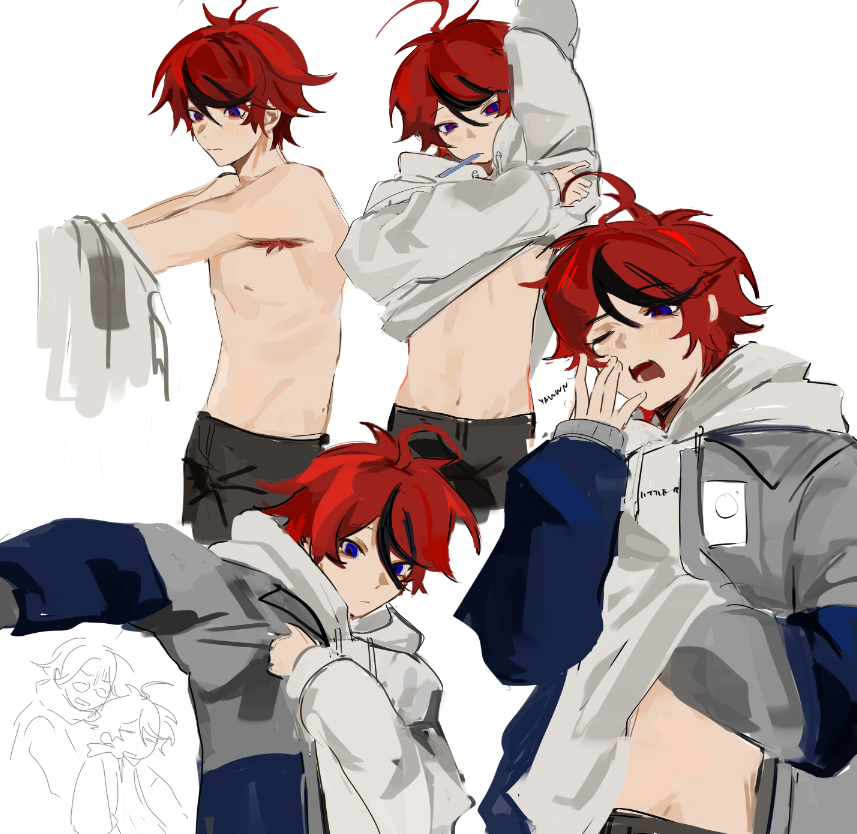 2boys, ahoge, aotsuki_eito, arm_up, armpit_hair, black_pants, black_streaks, blue_eyes