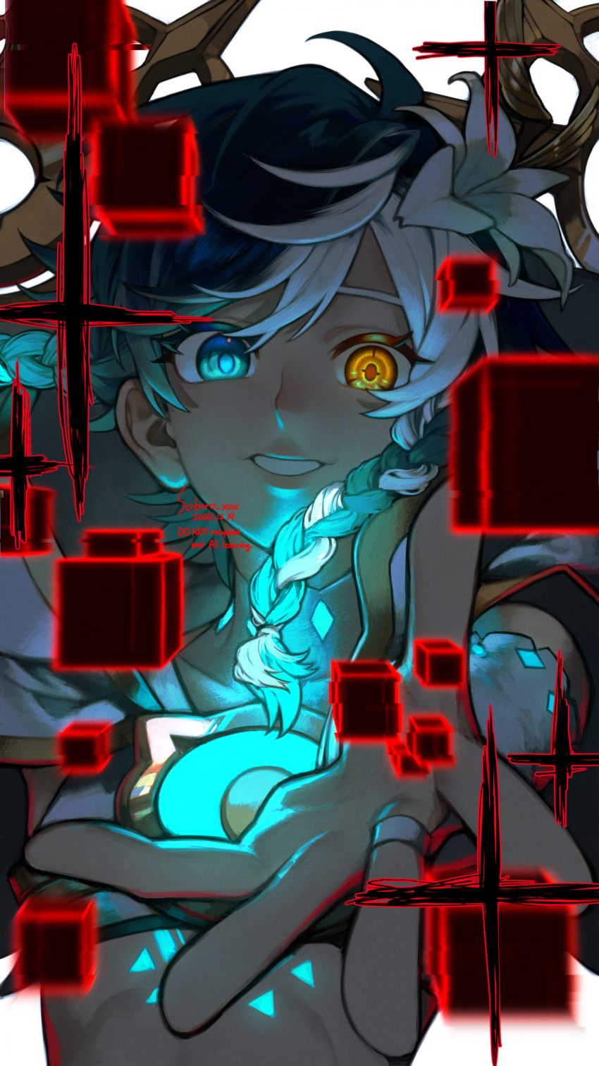 1boy, absurdres, arm_up, artist_name, braid, braided_sidelocks, clenched_teeth, close-up