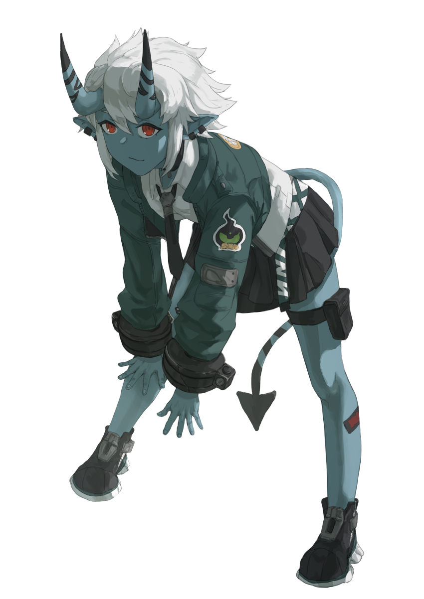 1010kman, 1girl, absurdres, bent_over, black_skirt, blue_skin, colored_skin, earrings, green_jacket, highres, horns, jacket, jewelry, looking_at_viewer, necktie, oni, pointy_ears, pouch, red_eyes, shirt, short_hair, sidelocks, simple_background, skirt, soukaku_(zenless_zone_zero), thigh_pouch, thigh_strap, white_background, white_hair, white_shirt, wrist_cuffs, zenless_zone_zero