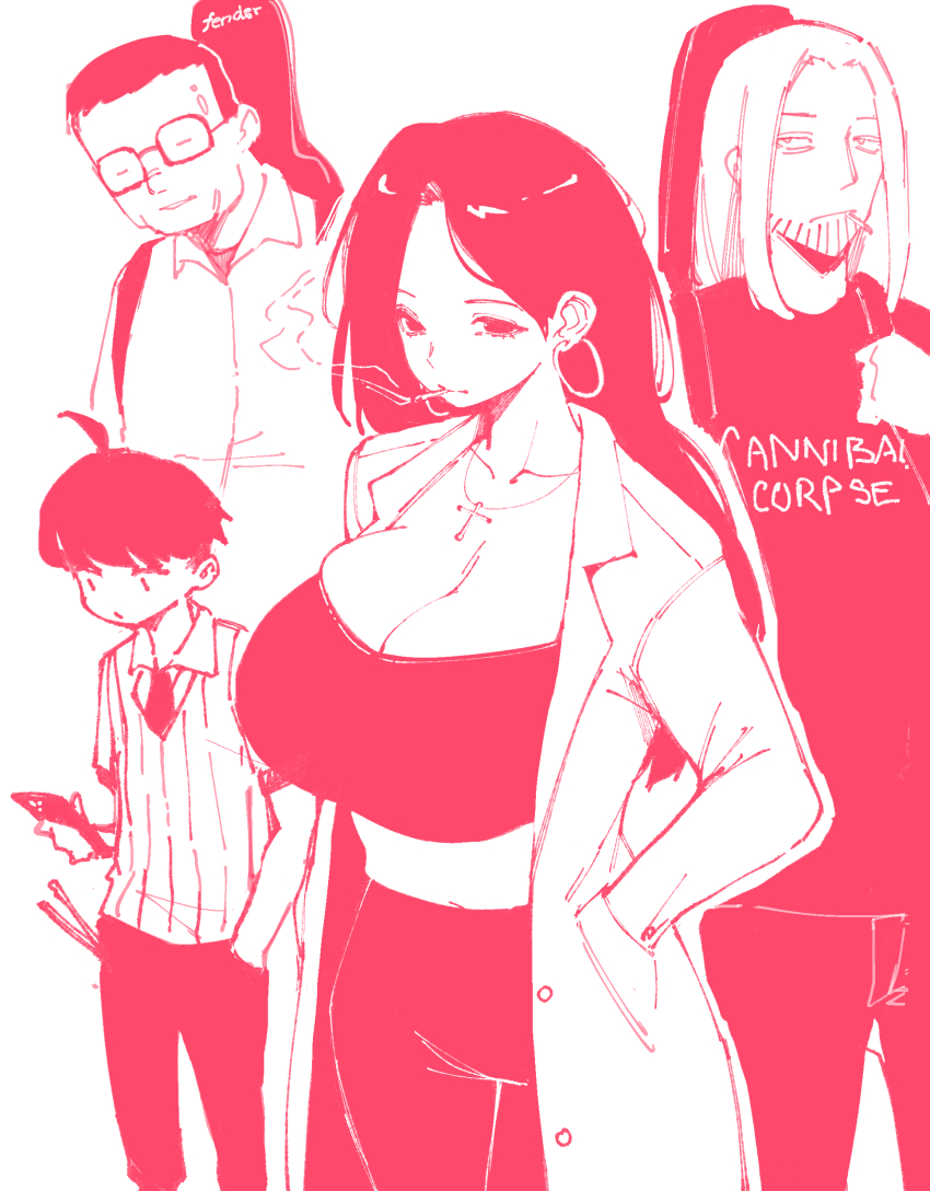 1girl, 3boys, absurdres, ahoge, band_shirt, beard, bowl_cut, breasts