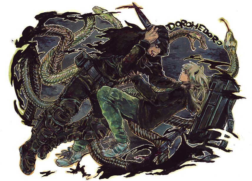 1boy, 1girl, battle, blonde_hair, blood, boots, dorohedoro, horns