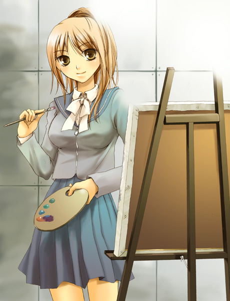 art_brush, brown_eyes, brown_hair, easel, original, oujima_tamaki, paint, paintbrush