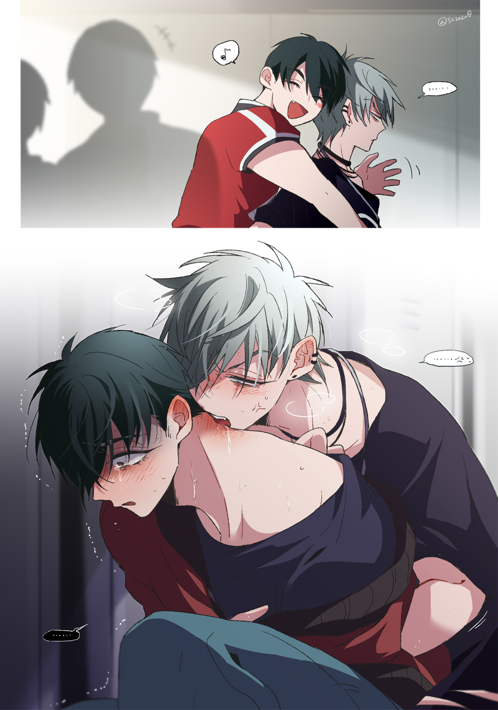 +++, ..., 2boys, alien_stage, anger_vein, biting, black_choker, black_eyes