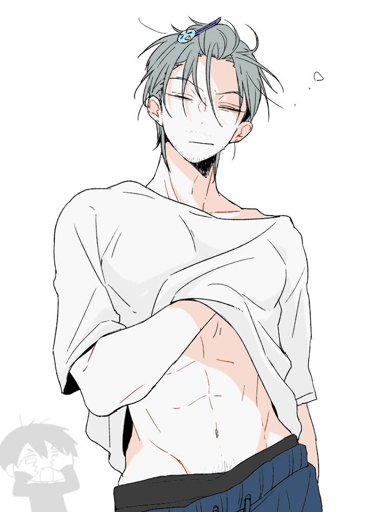 2boys, alien_stage, closed_eyes, commentary_request, facial_hair, grey_hair, hair_ornament, hairclip