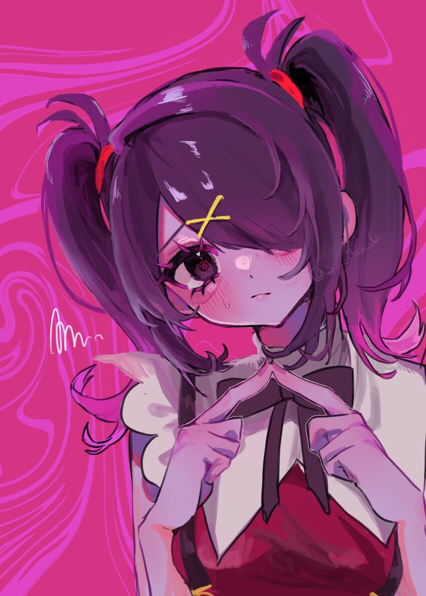 1girl, abstract_background, ame-chan_(needy_girl_overdose), black_eyes, black_hair, breasts, frown, hair_ornament