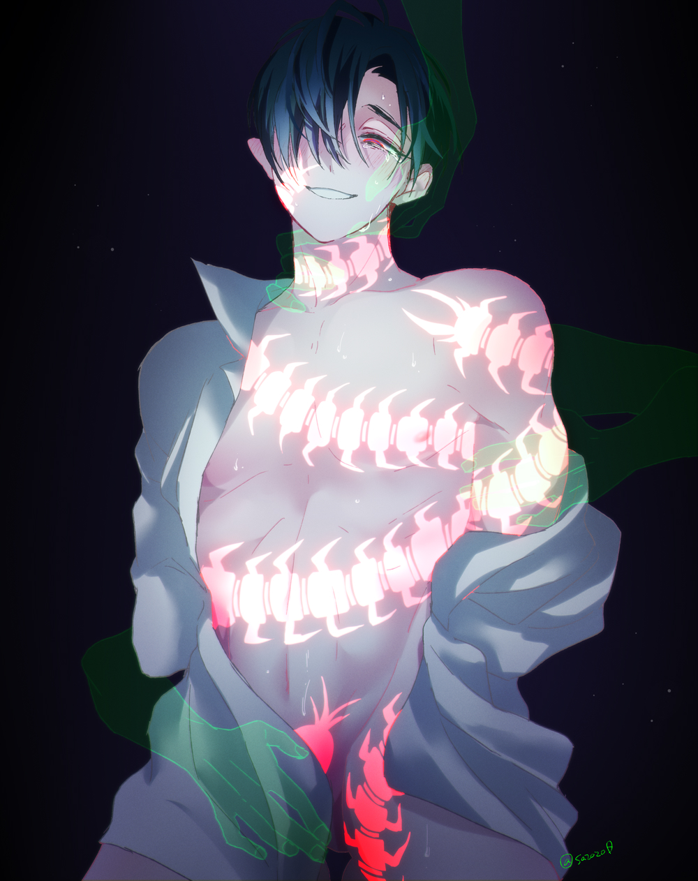 1boy, alien_stage, black_hair, bottomless, bug, centipede, collared_shirt, green_hands, hair_over_one_eye, highres, ivan_(alien_stage), male_focus, open_clothes, open_shirt, red_eyes, sazare_(sazozo0), shirt, short_hair, smile, solo, twitter_username, very_short_hair, white_shirt