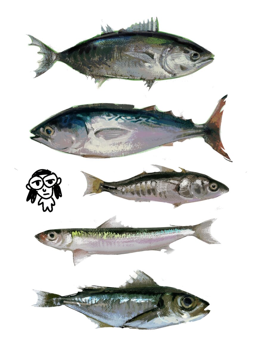 absurdres, animal_focus, artist_self-insert, atlantic_mackerel, chibi, chibi_inset, fish, highres, jack_mackerel, mackerel_(fish), original, painterly, plazmch, sardine, simple_background, stickleback, still_life, white_background
