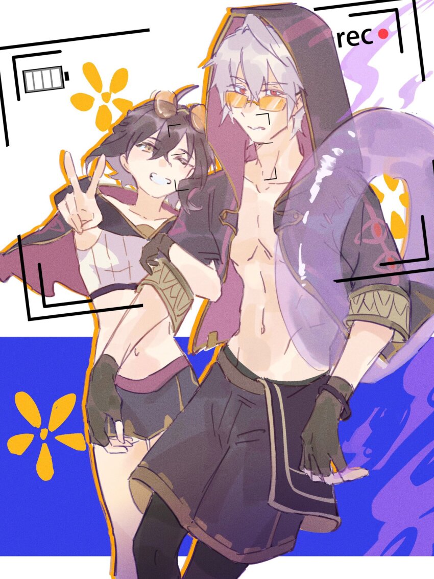 1boy, 1girl, abs, alternate_costume, bikini, black_hair, breasts, collarbone