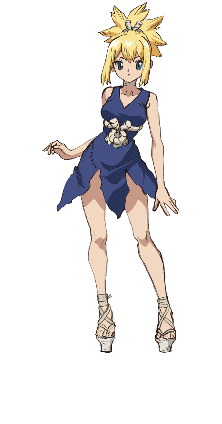 1girl, anime_coloring, blonde_hair, blue_dress, breasts, choker, cross-laced_sandals, dr._stone, dress, full_body, green_eyes, highres, iwasa_yuuko, kohaku_(dr._stone), large_breasts, looking_at_viewer, official_art, open_mouth, parted_lips, ponytail, rope, rope_belt, sandals, simple_background, sleeveless, sleeveless_dress, solo, split_ponytail, standing, thighs, transparent_background, white_choker